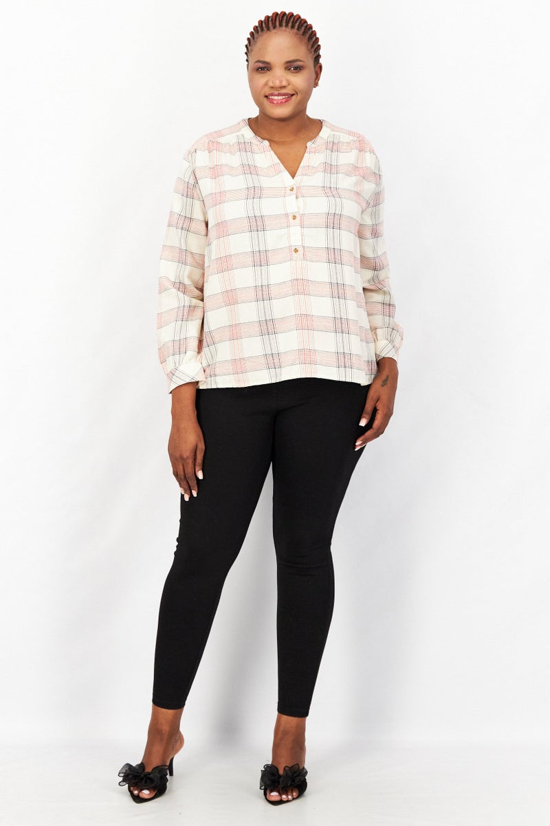 Women V-Neck Long Sleeves Checkered Shirt, Beige/Black Combo