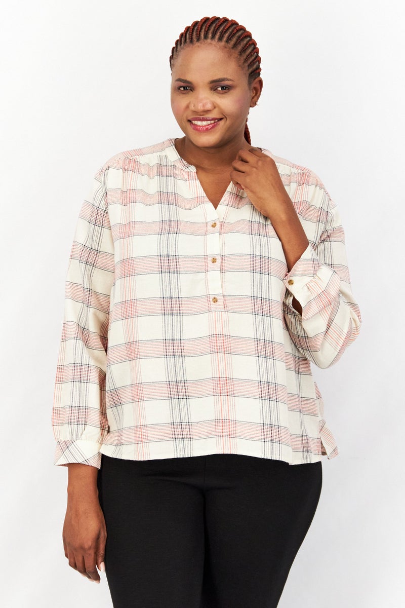 Women V-Neck Long Sleeves Checkered Shirt, Beige/Black Combo