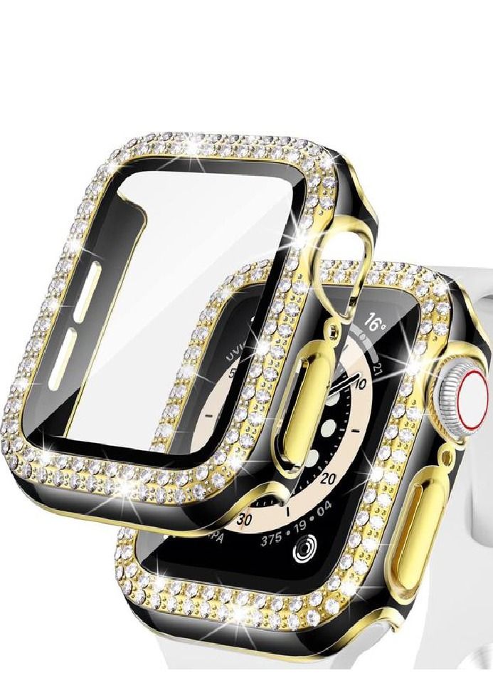 Smartwatch Luxury Anti Shock Screen Protector Cover Case Sensitive Touch Tempered Glass Screen Protector Two Tone Color Double Row Glitter Crystal Diamonds Apple Watch Series 8 7 44mm Gold / Black