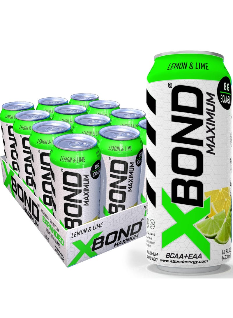 X-BOND 8g BCAA/EAA Lemon & Lime Maximum RecoveryExpanded Maximum Amino Drink - BCAA + EAA Electrolytes Drink - 16 fl oz (473 ml) -  Sugar Free 34 Calories, 60mg Caffeine Pack of 12