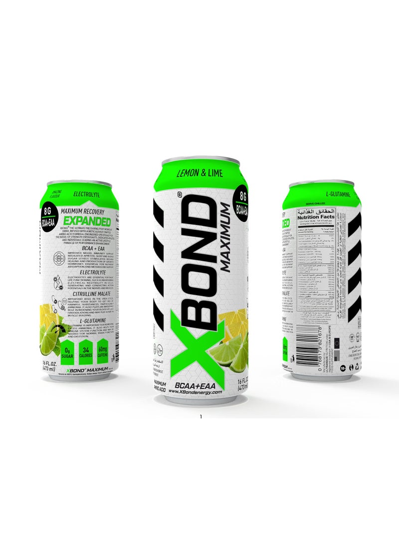 X-BOND 8g BCAA/EAA Lemon & Lime Maximum RecoveryExpanded Maximum Amino Drink - BCAA + EAA Electrolytes Drink - 16 fl oz (473 ml) -  Sugar Free 34 Calories, 60mg Caffeine Pack of 12