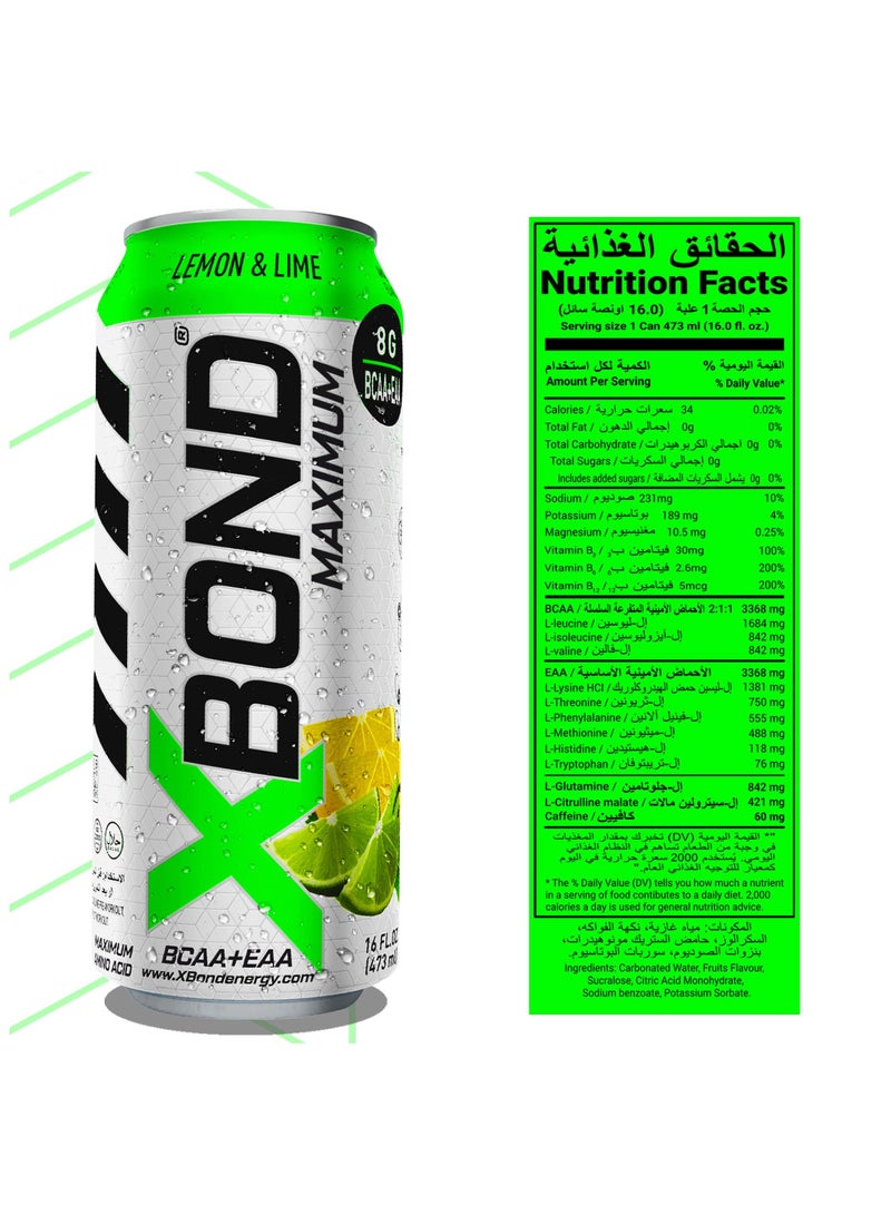 X-BOND 8g BCAA/EAA Lemon & Lime Maximum RecoveryExpanded Maximum Amino Drink - BCAA + EAA Electrolytes Drink - 16 fl oz (473 ml) -  Sugar Free 34 Calories, 60mg Caffeine Pack of 12