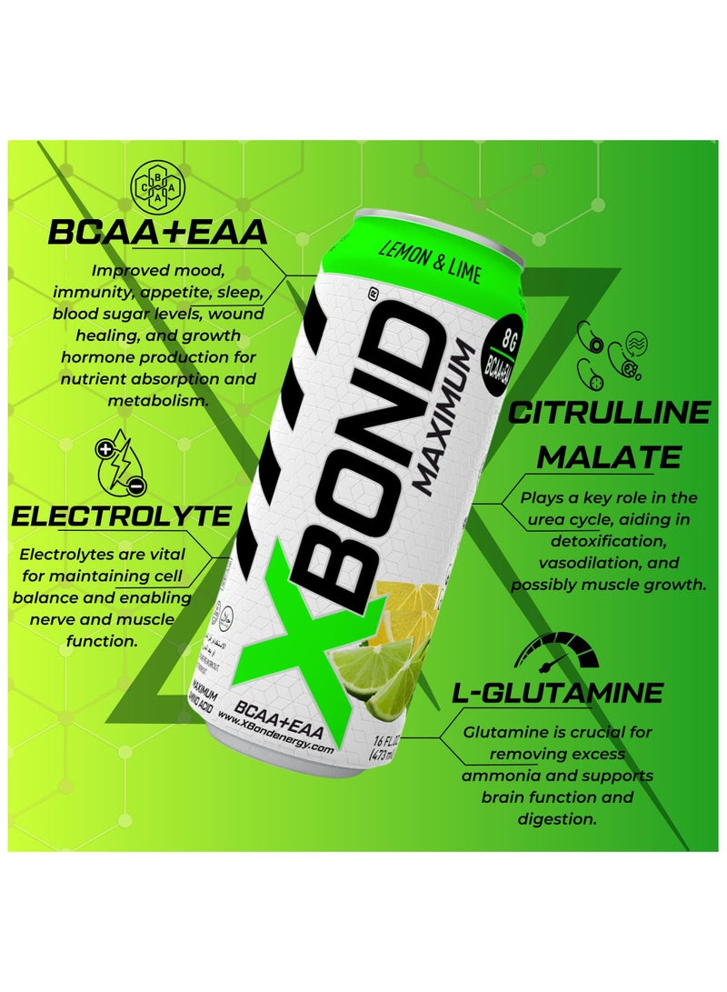 X-BOND 8g BCAA/EAA Lemon & Lime Maximum RecoveryExpanded Maximum Amino Drink - BCAA + EAA Electrolytes Drink - 16 fl oz (473 ml) -  Sugar Free 34 Calories, 60mg Caffeine Pack of 12