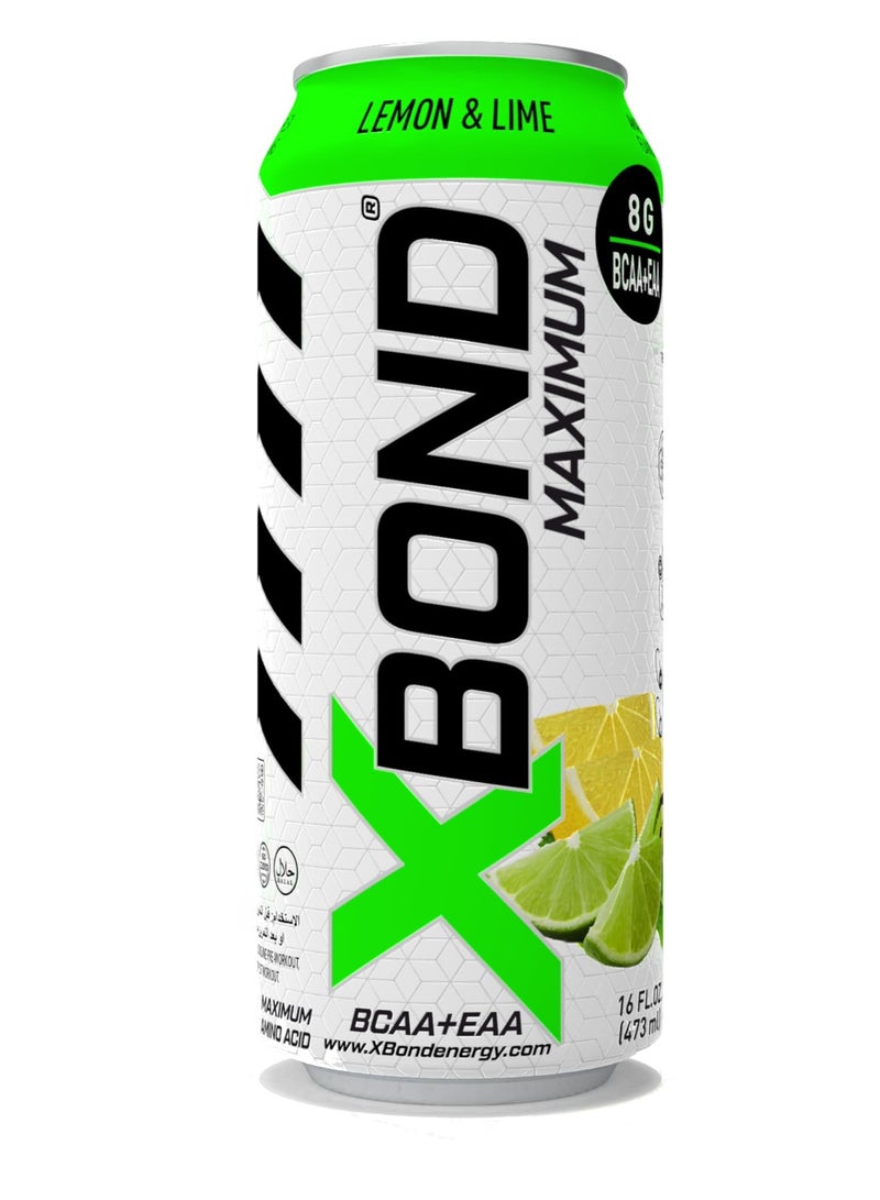X-BOND 8g BCAA/EAA Lemon & Lime Maximum RecoveryExpanded Maximum Amino Drink - BCAA + EAA Electrolytes Drink - 16 fl oz (473 ml) -  Sugar Free 34 Calories, 60mg Caffeine Pack of 12