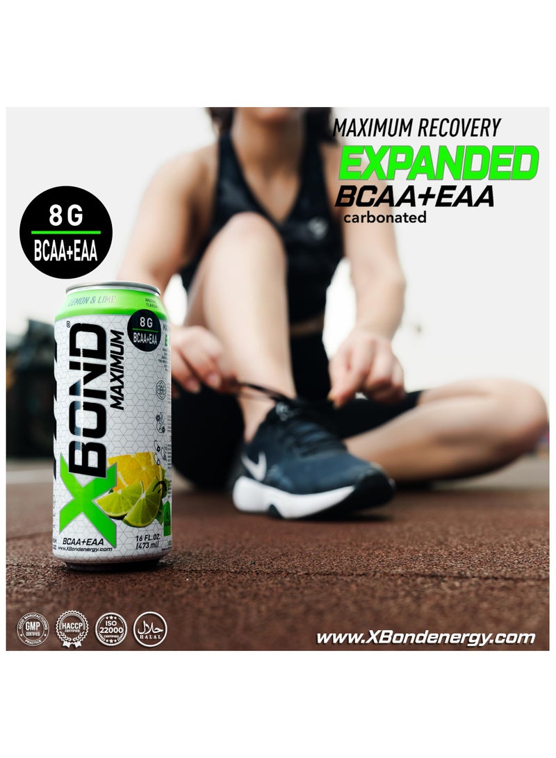 X-BOND 8g BCAA/EAA Lemon & Lime Maximum RecoveryExpanded Maximum Amino Drink - BCAA + EAA Electrolytes Drink - 16 fl oz (473 ml) -  Sugar Free 34 Calories, 60mg Caffeine Pack of 12