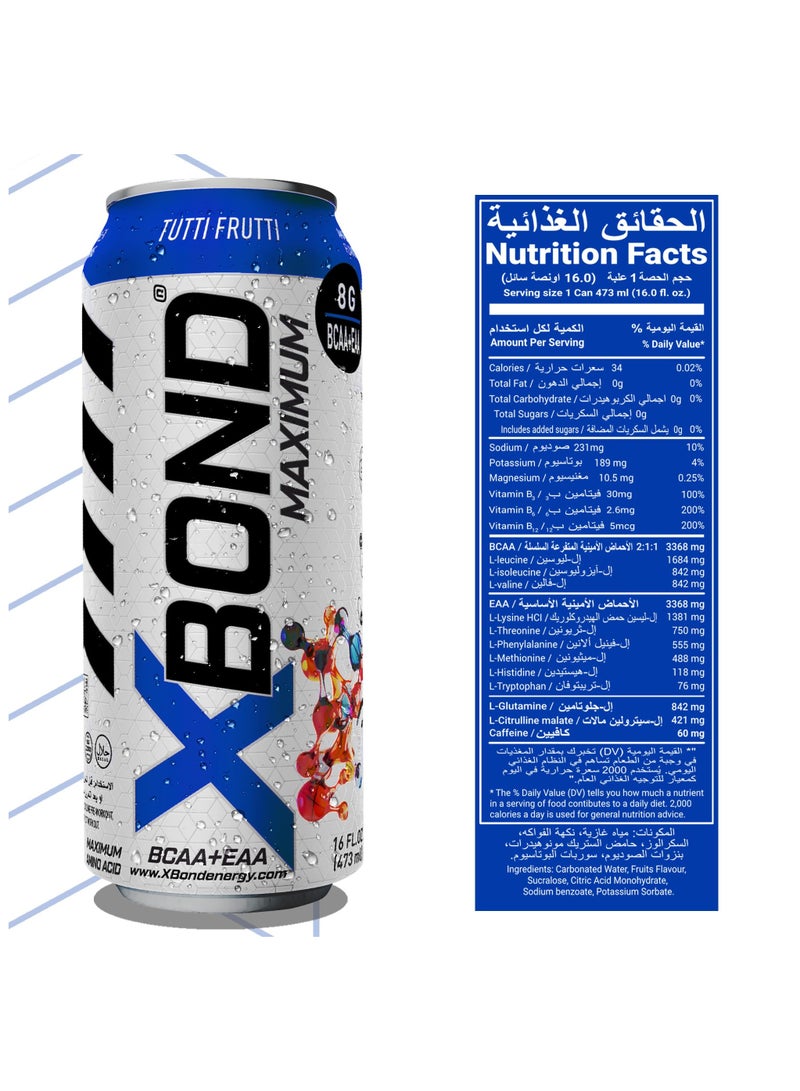 X-BOND 8g BCAA/EAA Tutti Frutti Maximum RecoveryExpanded Maximum Amino Drink - BCAA + EAA Electrolytes Drink - 16 fl oz (473 ml) -  Sugar Free 34 Calories, 60mg Caffeine Pack of 12