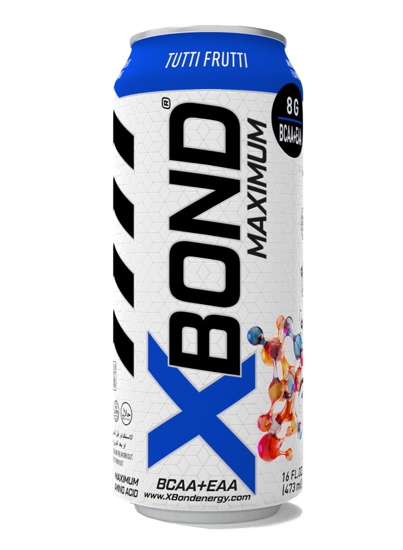 X-BOND 8g BCAA/EAA Tutti Frutti Maximum RecoveryExpanded Maximum Amino Drink - BCAA + EAA Electrolytes Drink - 16 fl oz (473 ml) -  Sugar Free 34 Calories, 60mg Caffeine Pack of 12