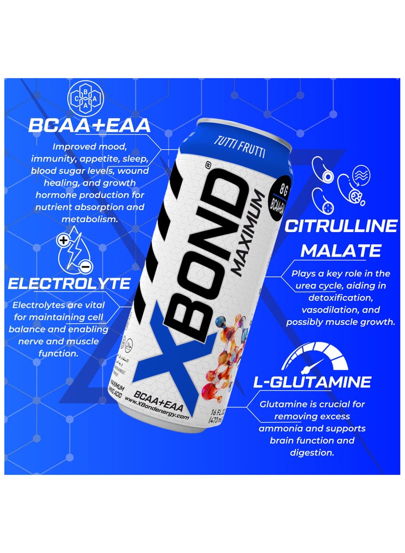 X-BOND 8g BCAA/EAA Tutti Frutti Maximum RecoveryExpanded Maximum Amino Drink - BCAA + EAA Electrolytes Drink - 16 fl oz (473 ml) -  Sugar Free 34 Calories, 60mg Caffeine Pack of 12