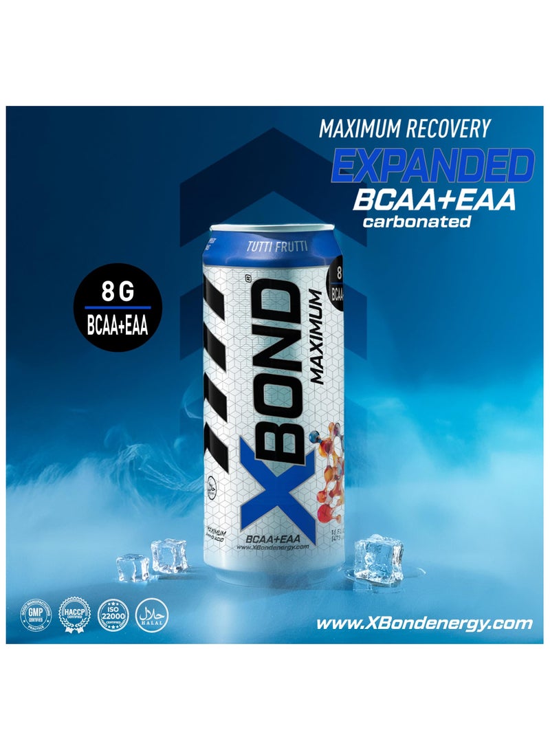 X-BOND 8g BCAA/EAA Tutti Frutti Maximum RecoveryExpanded Maximum Amino Drink - BCAA + EAA Electrolytes Drink - 16 fl oz (473 ml) -  Sugar Free 34 Calories, 60mg Caffeine Pack of 12