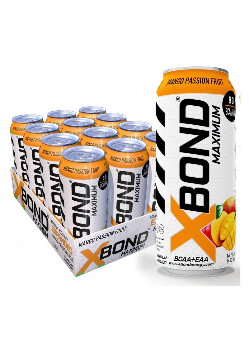 X-BOND 8g BCAA/EAA Passion Fruit Mango Maximum RecoveryExpanded Maximum Amino Drink - BCAA + EAA Electrolytes Drink - 16 fl oz (473 ml) -  Sugar Free 34 Calories, 60mg Caffeine Pack of 12