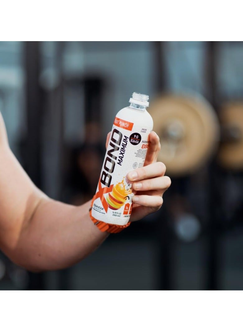 X-BOND 9g BCAA + EAA Fruit Punch Maximum Recovery  Non Carbonated Drink Maximum Amino Drink -  Electrolytes Drink - 16 fl oz (500 ml), Sugar Free 34 Calories, 60mg Caffeine Pack of 12