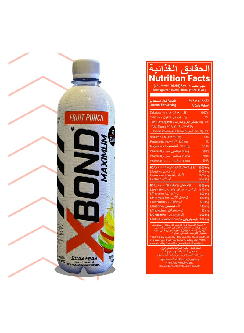 X-BOND 9g BCAA + EAA Fruit Punch Maximum Recovery  Non Carbonated Drink Maximum Amino Drink -  Electrolytes Drink - 16 fl oz (500 ml), Sugar Free 34 Calories, 60mg Caffeine Pack of 12