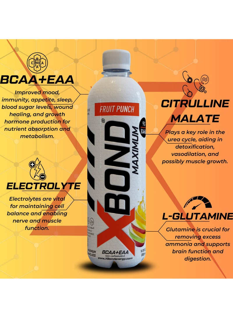 X-BOND 9g BCAA + EAA Fruit Punch Maximum Recovery  Non Carbonated Drink Maximum Amino Drink -  Electrolytes Drink - 16 fl oz (500 ml), Sugar Free 34 Calories, 60mg Caffeine Pack of 12