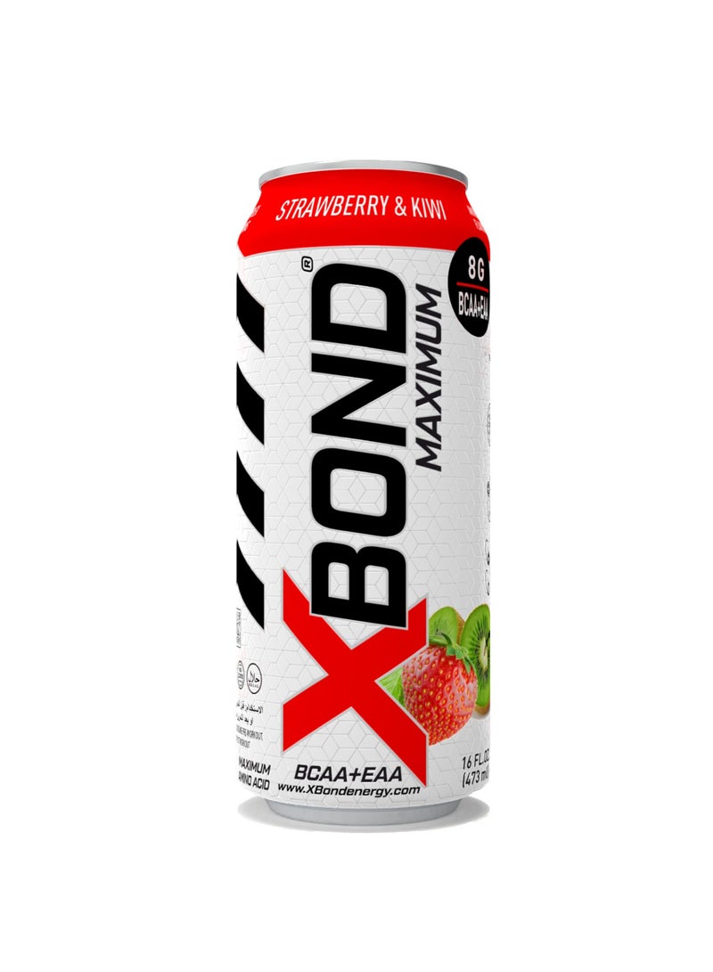 X-BOND 8g BCAA/EAA Strawberry & Kiwi Maximum RecoveryExpanded Maximum Amino Drink - BCAA + EAA Electrolytes Drink - 16 fl oz (473 ml) -  Sugar Free 34 Calories, 60mg Caffeine Pack of 12