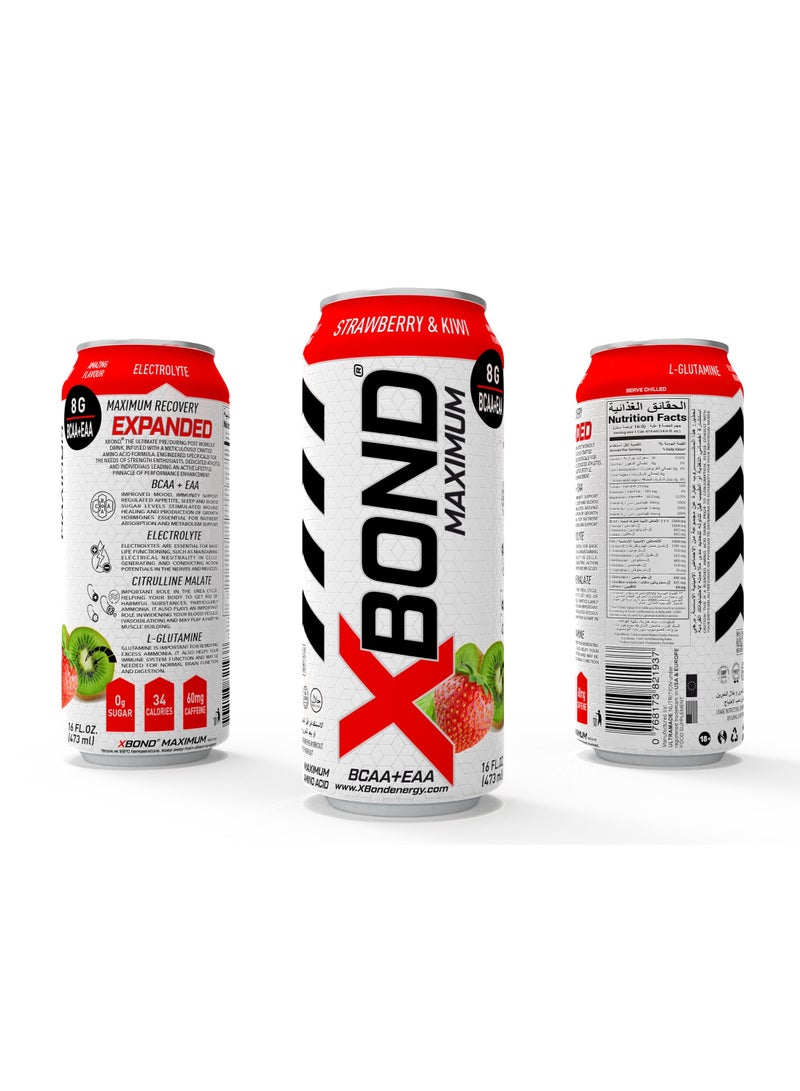 X-BOND 8g BCAA/EAA Strawberry & Kiwi Maximum RecoveryExpanded Maximum Amino Drink - BCAA + EAA Electrolytes Drink - 16 fl oz (473 ml) -  Sugar Free 34 Calories, 60mg Caffeine Pack of 12