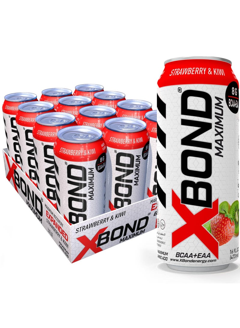 X-BOND 8g BCAA/EAA Strawberry & Kiwi Maximum RecoveryExpanded Maximum Amino Drink - BCAA + EAA Electrolytes Drink - 16 fl oz (473 ml) -  Sugar Free 34 Calories, 60mg Caffeine Pack of 12