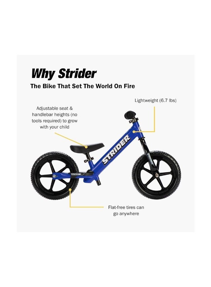 Strider 12” Sport Bike - No Pedal Balance Bicycle for Kids 18 Months to 5 Years - Includes Safety Pad, Padded Seat, Mini Grips & Flat-Free Tires - Tool-Free Assembly & Adjustments- Blue