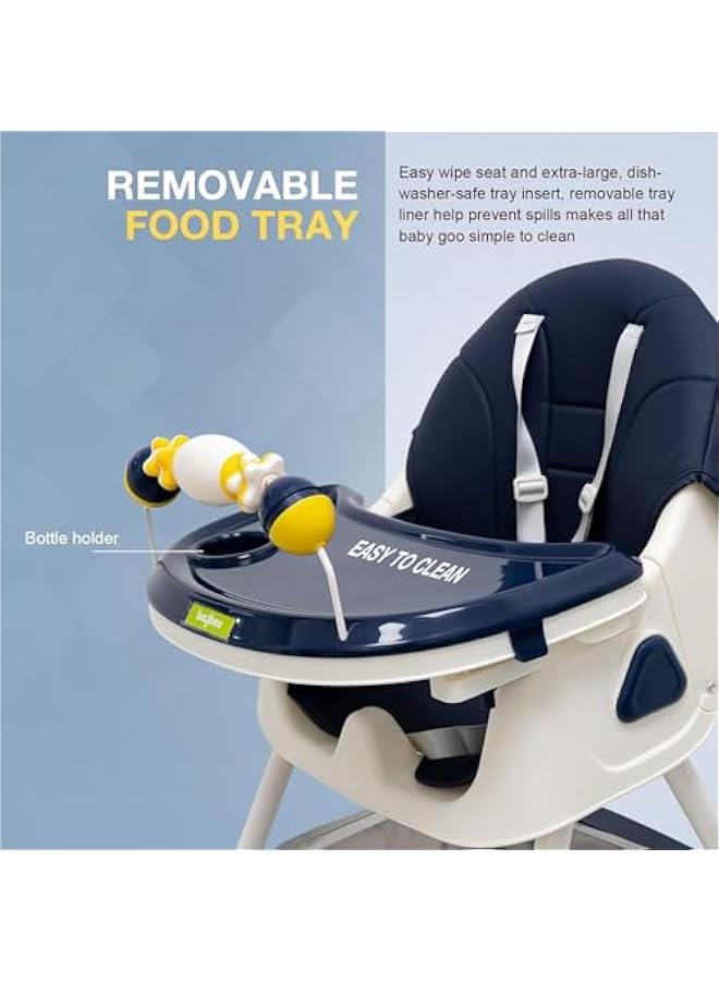 Baby High Chair With Adjustable Height And Footrest, Tray, Wheels, Safety Belt And Cushion, 6 Months To 4 Years