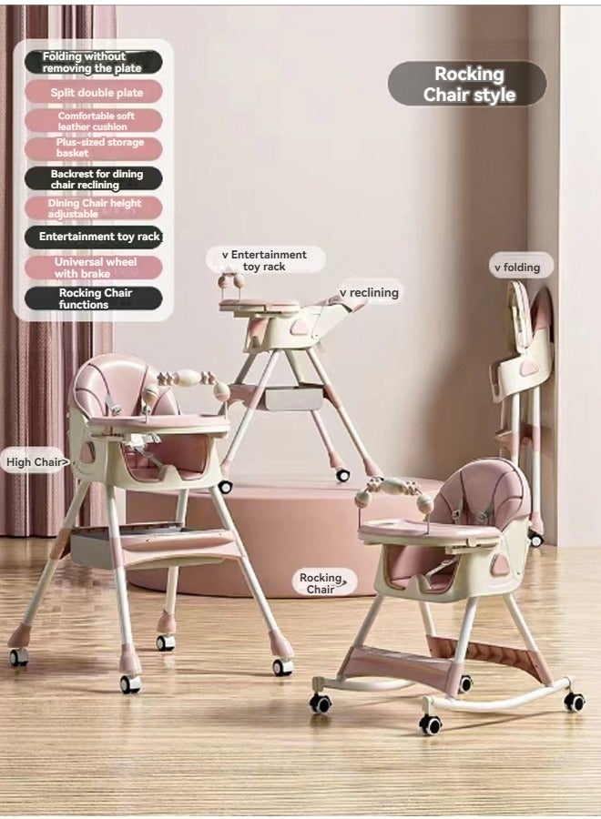 Baby High Chair With Adjustable Height And Footrest, Tray, Wheels, Safety Belt And Cushion, 6 Months To 4 Years