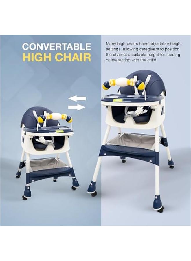 Baby High Chair With Adjustable Height And Footrest, Tray, Wheels, Safety Belt And Cushion, 6 Months To 4 Years