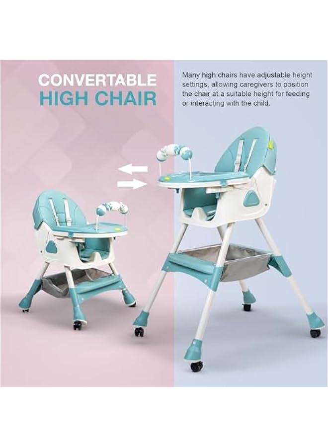 Baby High Chair With Adjustable Height And Footrest, Tray, Wheels, Safety Belt And Cushion, 6 Months To 4 Years (Green)