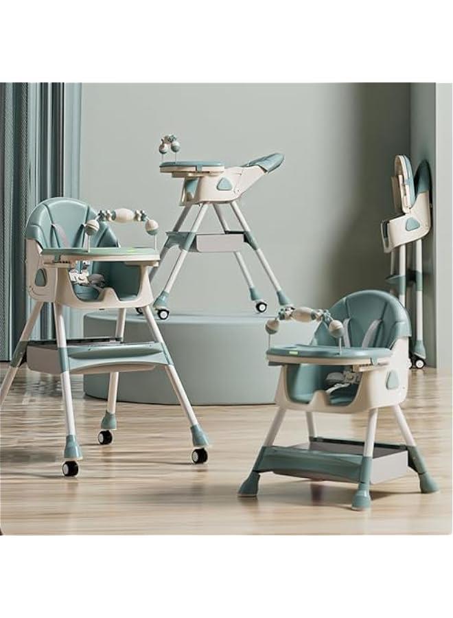 Baby High Chair With Adjustable Height And Footrest, Tray, Wheels, Safety Belt And Cushion, 6 Months To 4 Years (Green)