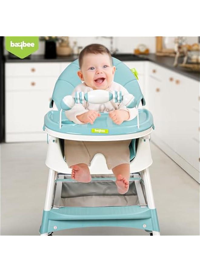 Baby High Chair With Adjustable Height And Footrest, Tray, Wheels, Safety Belt And Cushion, 6 Months To 4 Years (Green)