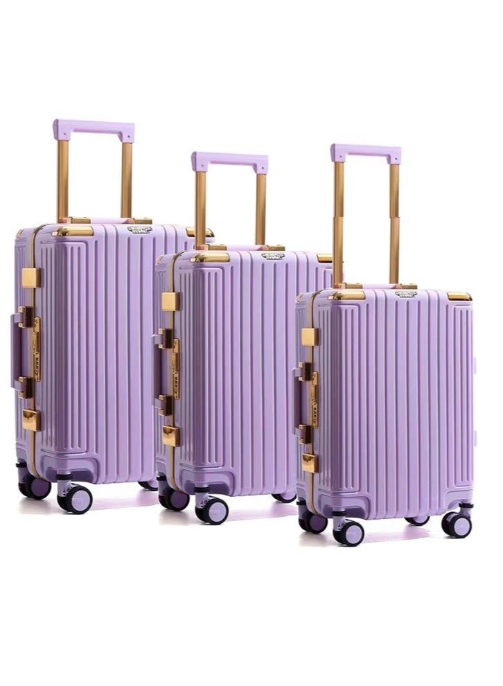 3 PCS TROLLEY LUGGAGE ALUMINUM FRAME POLY CARBON MATERIAL, LUGGAGE SUITCASE SET AND CABIN LUGGAGE BAG SET PURPLE COLOUR