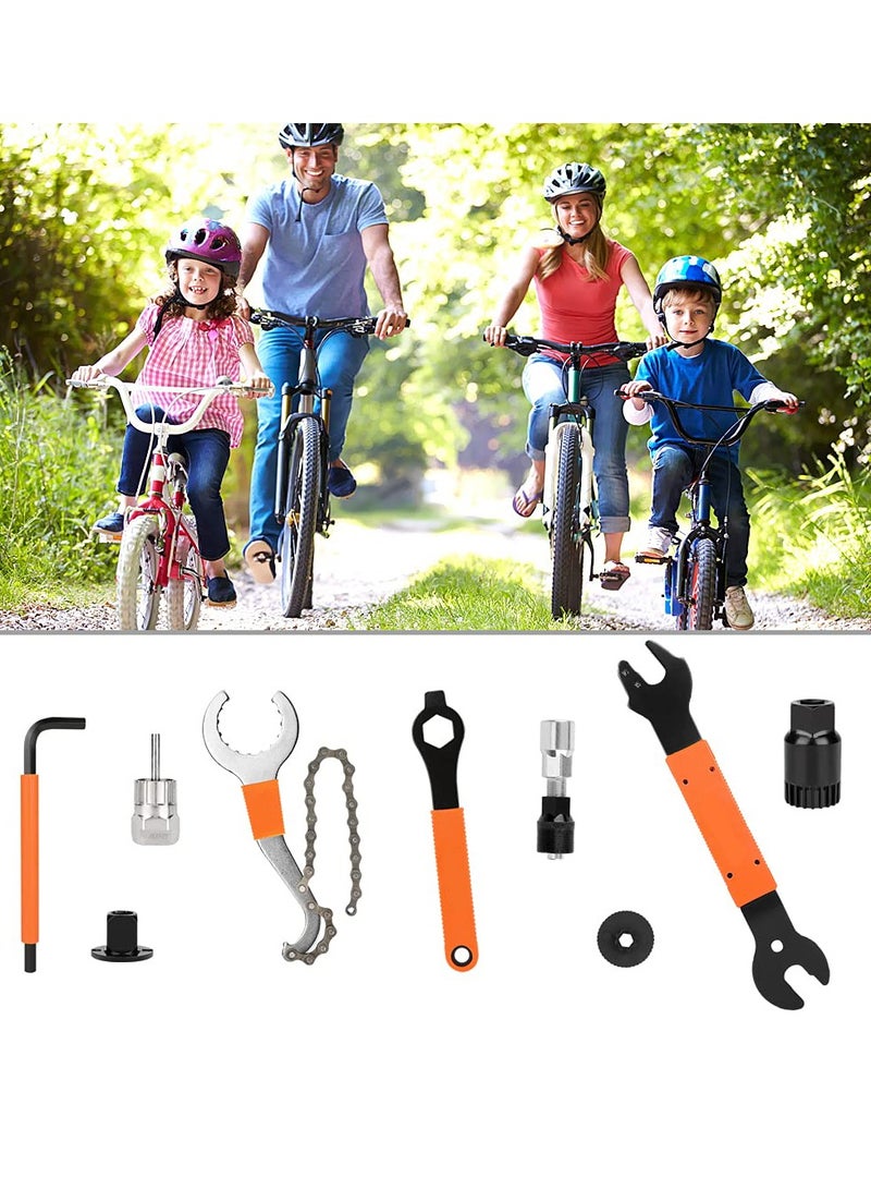 Comprehensive Bike Repair Tool Kit: Includes Crank Removal Tool, 3-in-1 Cassette Removal Tool, Bottom Bracket Remover, Rotor Lock Ring Tool, Pedal Wrench, and Multi-Purpose Utility Tool.