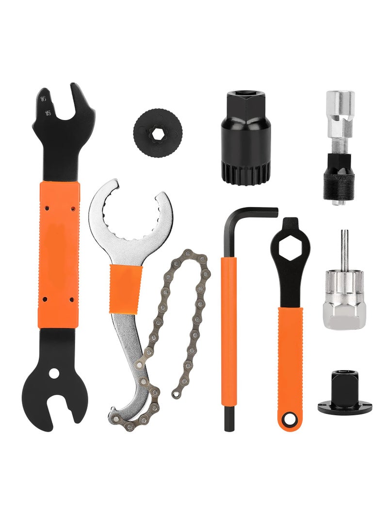 Comprehensive Bike Repair Tool Kit: Includes Crank Removal Tool, 3-in-1 Cassette Removal Tool, Bottom Bracket Remover, Rotor Lock Ring Tool, Pedal Wrench, and Multi-Purpose Utility Tool.