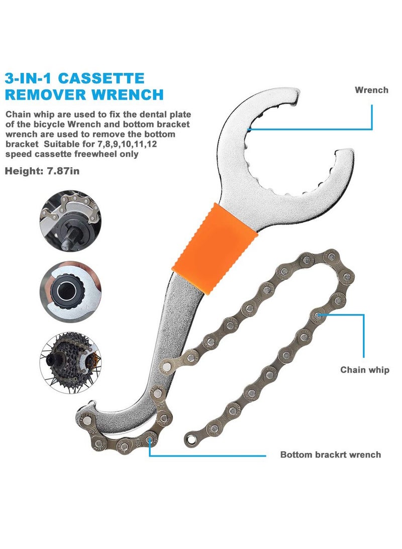 Comprehensive Bike Repair Tool Kit: Includes Crank Removal Tool, 3-in-1 Cassette Removal Tool, Bottom Bracket Remover, Rotor Lock Ring Tool, Pedal Wrench, and Multi-Purpose Utility Tool.