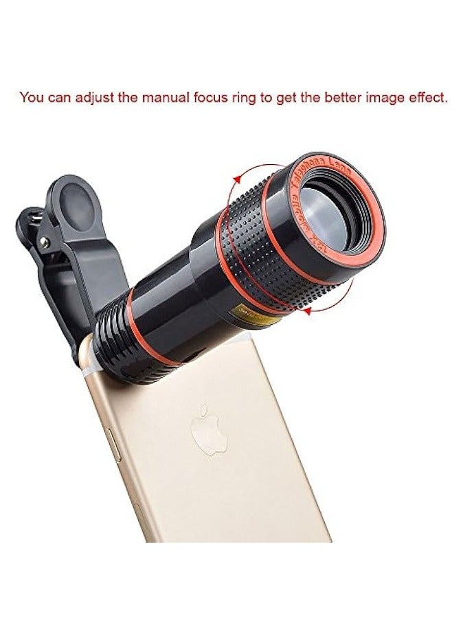 4 in 1 12x Zoom Telephoto Lens + Fisheye + Wide Angle + Macro Lens with Phone Holder + Tripod for iPhone X/8/7 /6/6s plus SE Samsung HTC Google Huawei LG Ipad Tablet PC Laptops