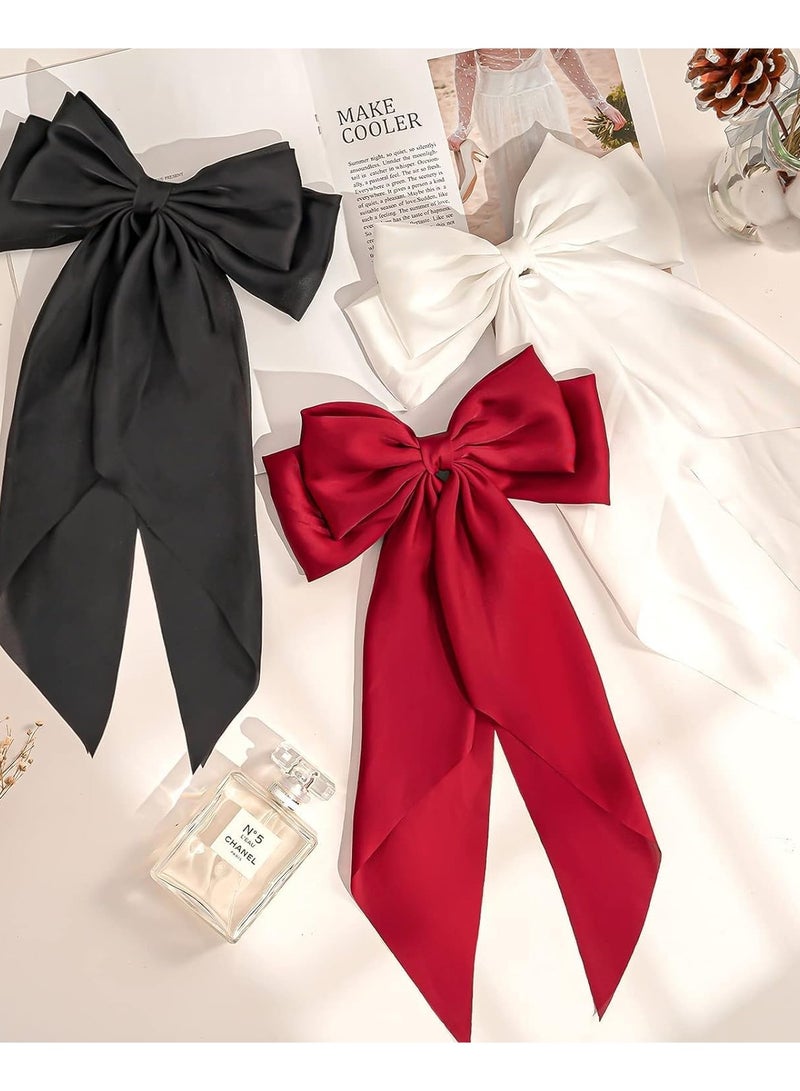 Pack of 6-Hair Bows for Ladies, Silky Satin Ribbon Barrettes Large Hair Bow Clips Scarf French Bowknot Soft Long Tails with durable Metal Clips Hair Pins for Ponytail Bun Hair