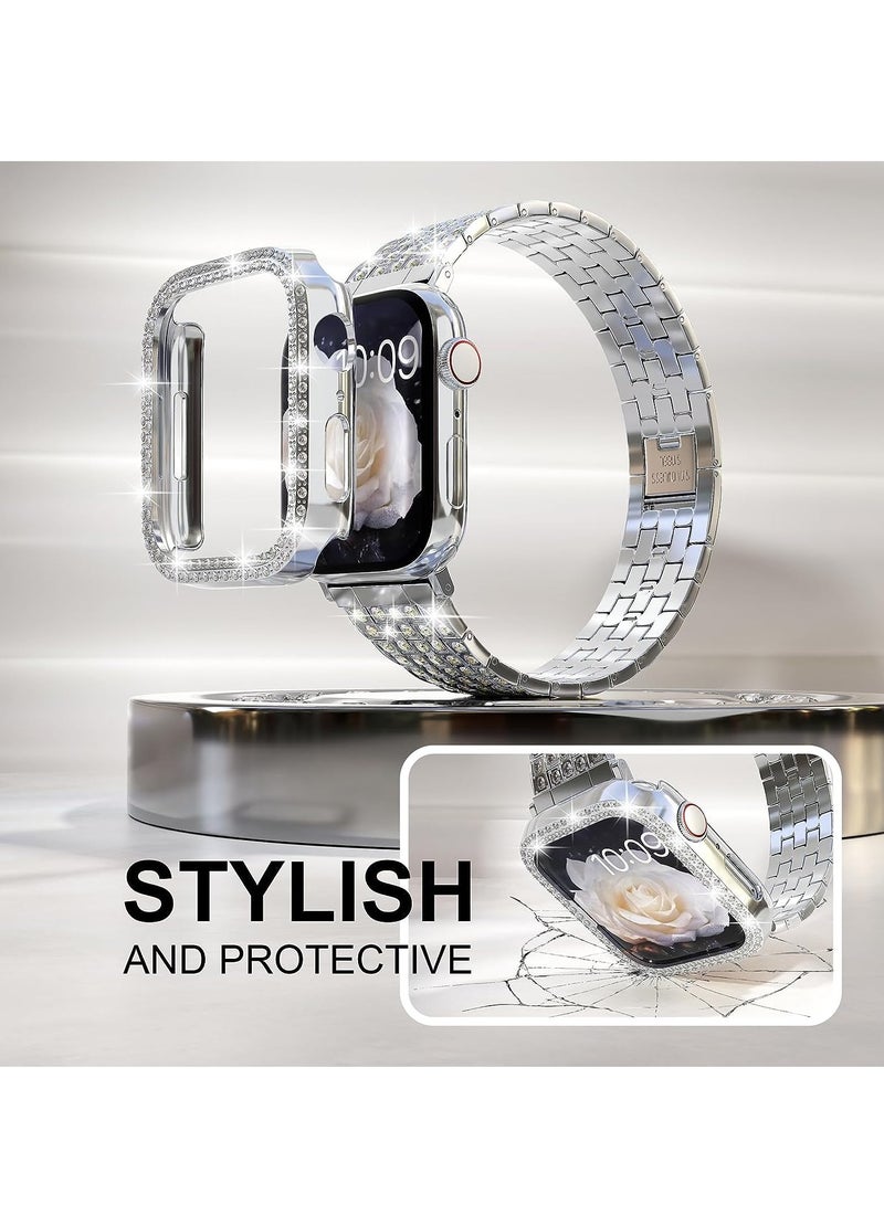 Band Compatible for Apple Watch 38mm Series 3/2/1, Diamond Rhinestone Case, Women Bling Band Stainless Steel Metal Bracelet, Clasp Replacement Bands for iWatch, Silver, 38mm