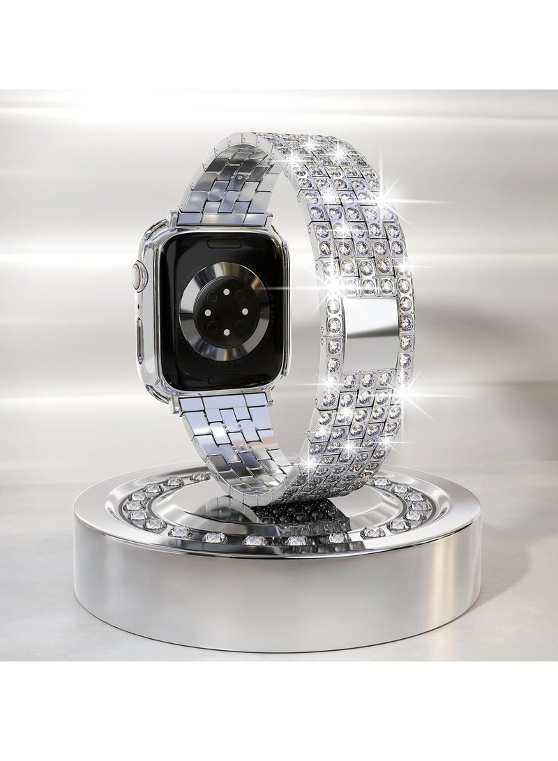 Band Compatible for Apple Watch 38mm Series 3/2/1, Diamond Rhinestone Case, Women Bling Band Stainless Steel Metal Bracelet, Clasp Replacement Bands for iWatch, Silver, 38mm