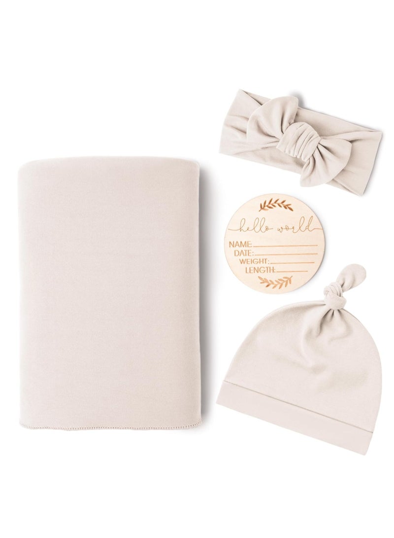 4Pcs Receiving Blanket, Baby Newborn Receiving Blanket, Cotton Knit Baby Wrap, with Matching Headband and Beanie Set, Baby Swaddle, Nursery Swaddle Wrap, Breathable & Soft Thin Baby Blanket, Beige