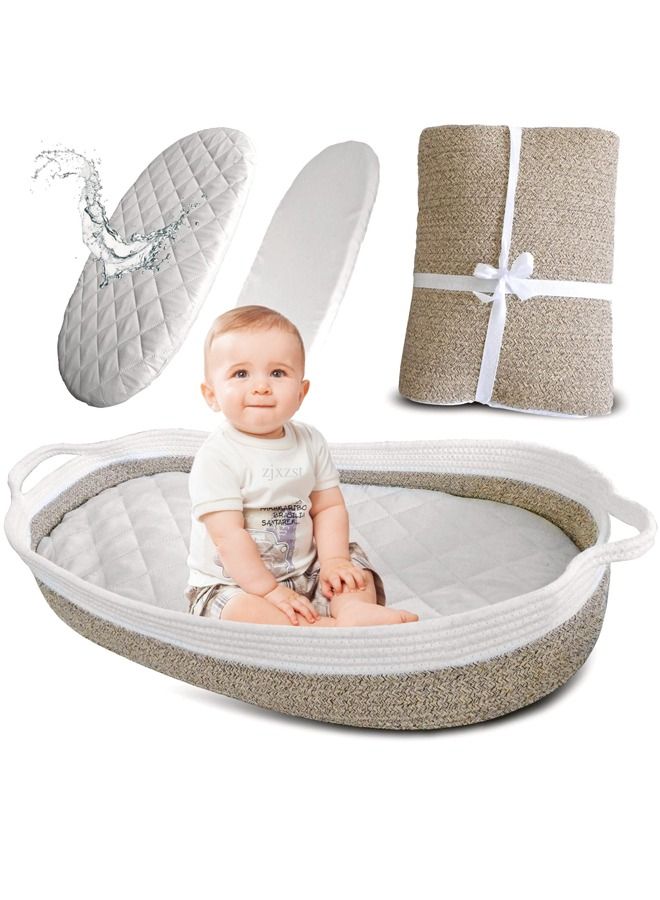 Baby Changing Basket Nursery Decor Cotton Rope Changing Table Topper with Thick Cotton Foam Pad and Removable Waterproof Bamboo Mattress Cover with Removable Cotton Cover Storage Bag Changing Basket