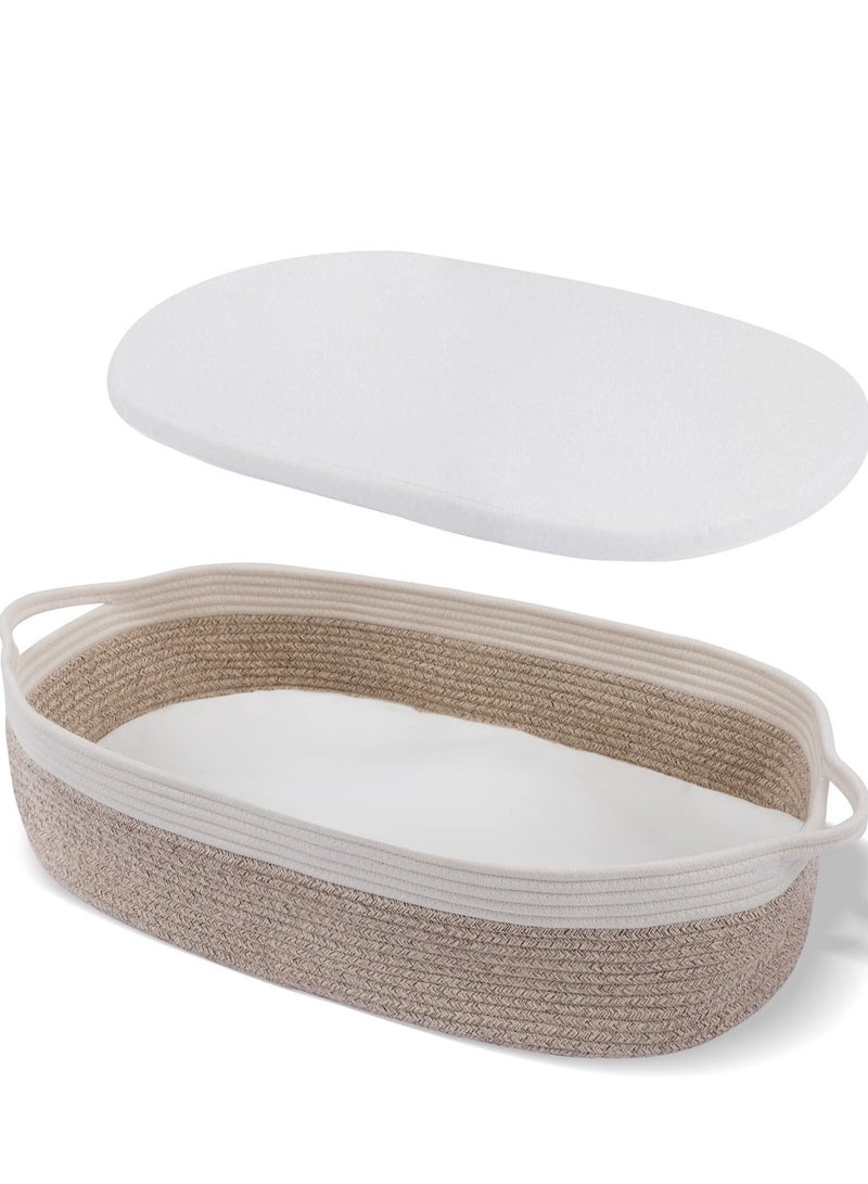 Baby Changing Basket Nursery Decor Cotton Rope Changing Table Topper with Thick Cotton Foam Pad and Removable Waterproof Bamboo Mattress Cover with Removable Cotton Cover Storage Bag Changing Basket