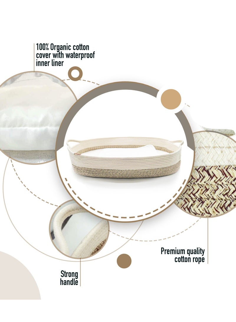 Baby Changing Basket Nursery Decor Cotton Rope Changing Table Topper with Thick Cotton Foam Pad and Removable Waterproof Bamboo Mattress Cover with Removable Cotton Cover Storage Bag Changing Basket