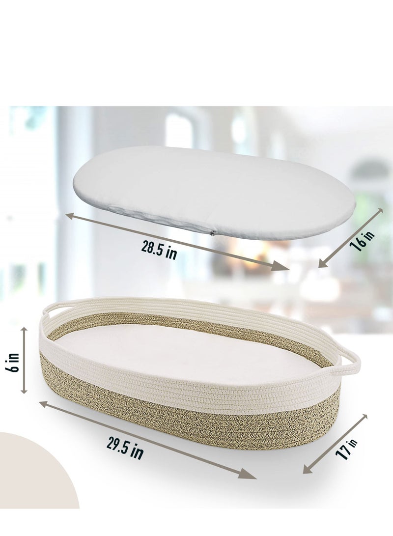 Baby Changing Basket Nursery Decor Cotton Rope Changing Table Topper with Thick Cotton Foam Pad and Removable Waterproof Bamboo Mattress Cover with Removable Cotton Cover Storage Bag Changing Basket