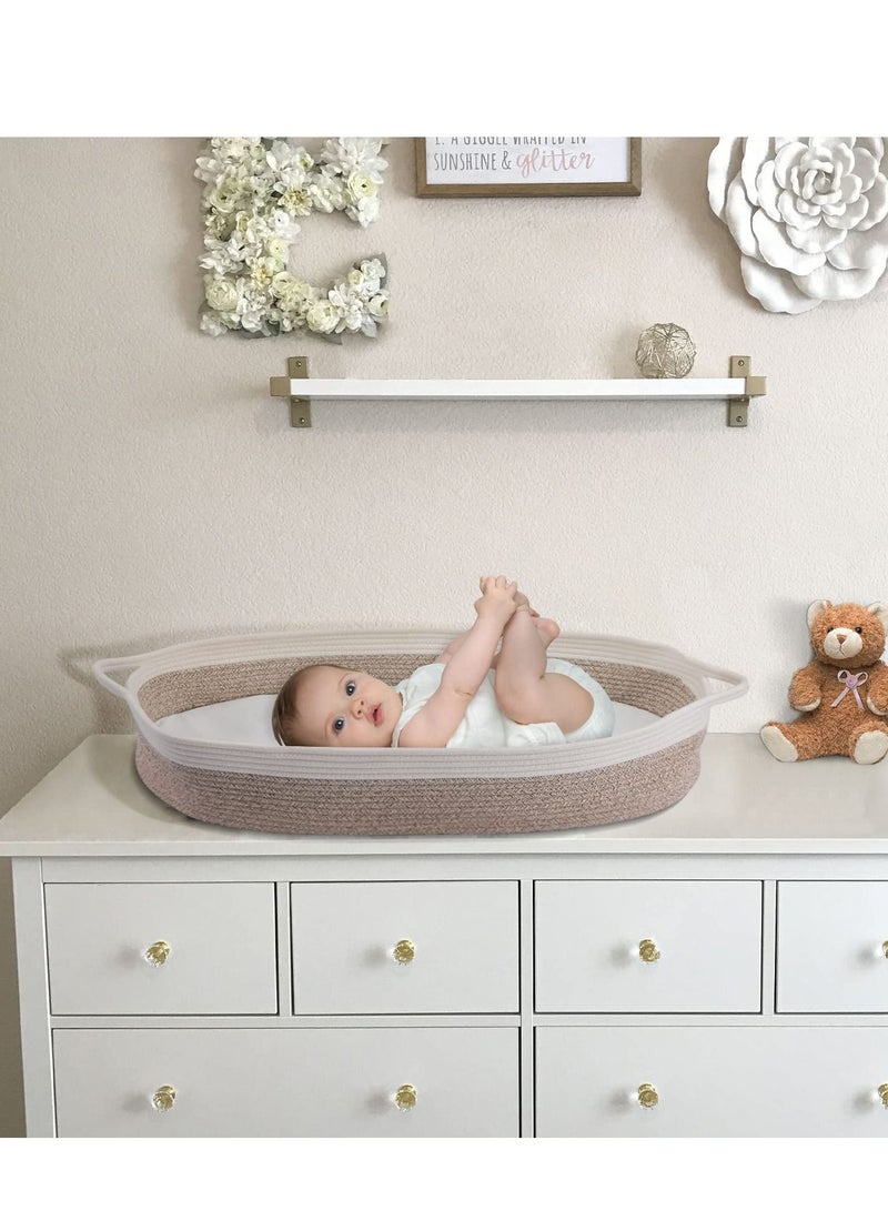 Baby Changing Basket Nursery Decor Cotton Rope Changing Table Topper with Thick Cotton Foam Pad and Removable Waterproof Bamboo Mattress Cover with Removable Cotton Cover Storage Bag Changing Basket