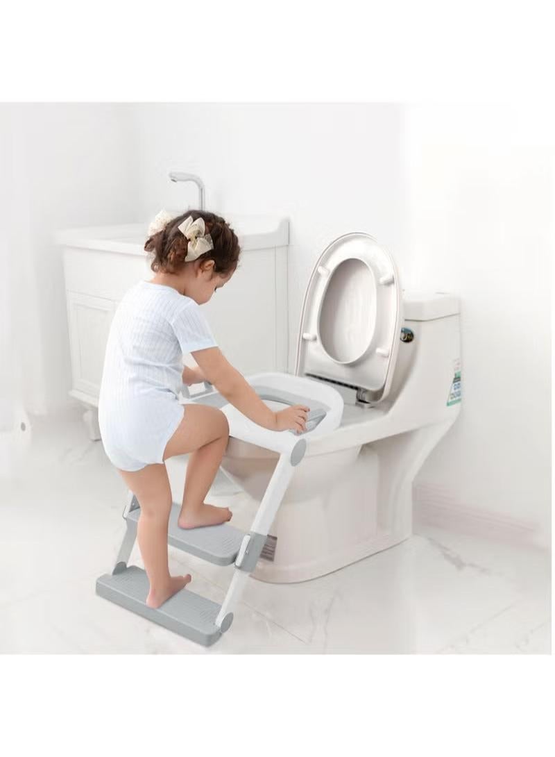 Adjustable Potty for Kids Potty Training Seat with Step Ladder for Kids and Babies Foldable Bathroom Stool with Soft PU Seat and Wide Non-Slip Steps, Grey