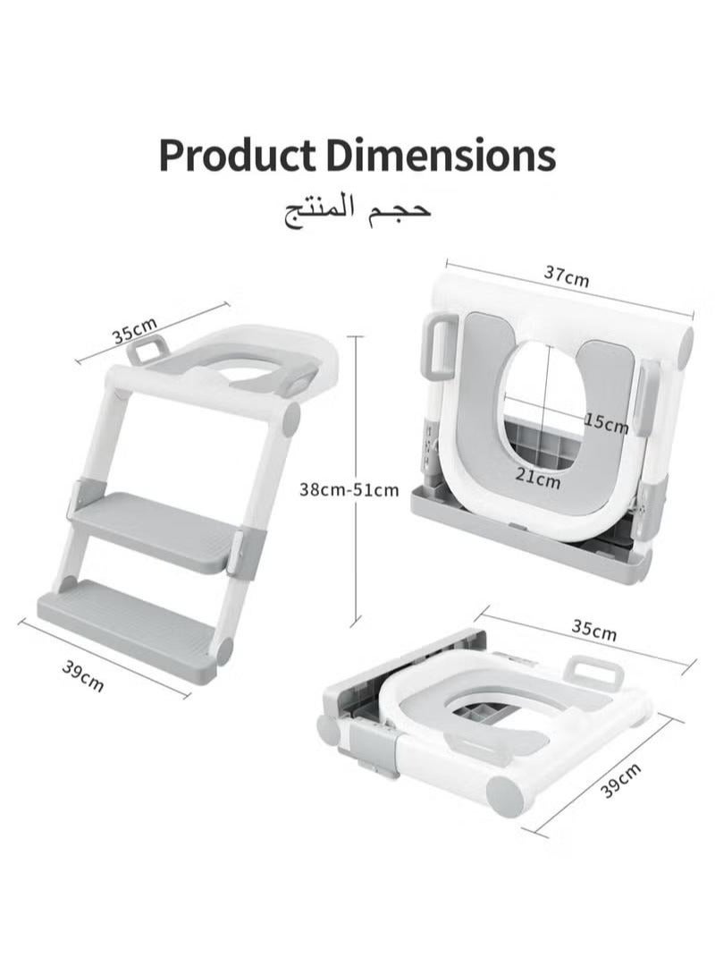 Adjustable Potty for Kids Potty Training Seat with Step Ladder for Kids and Babies Foldable Bathroom Stool with Soft PU Seat and Wide Non-Slip Steps, Grey