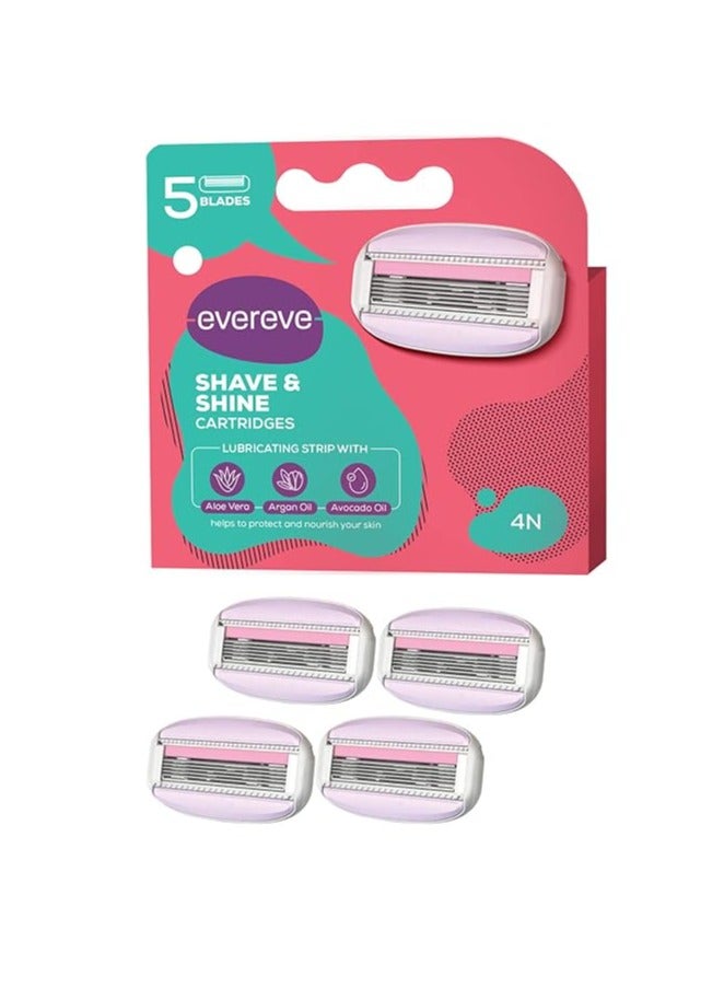 Evereve Shave & Shine Blades Refill Pack of 4, Cartridges of Razors for women, Quick & Easy hair removal with Aloe Vera, Argan Oil & Vitamin E, Pivoting head