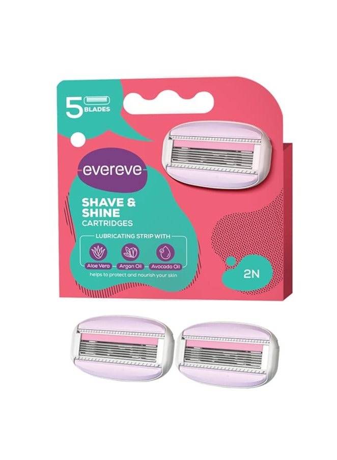 Evereve Shave and Shine Blades Refill Pack of 2, Cartridges of Razors for women, Quick & Easy hair removal with Aloe Vera, Argan Oil & Vitamin E, Pivoting head