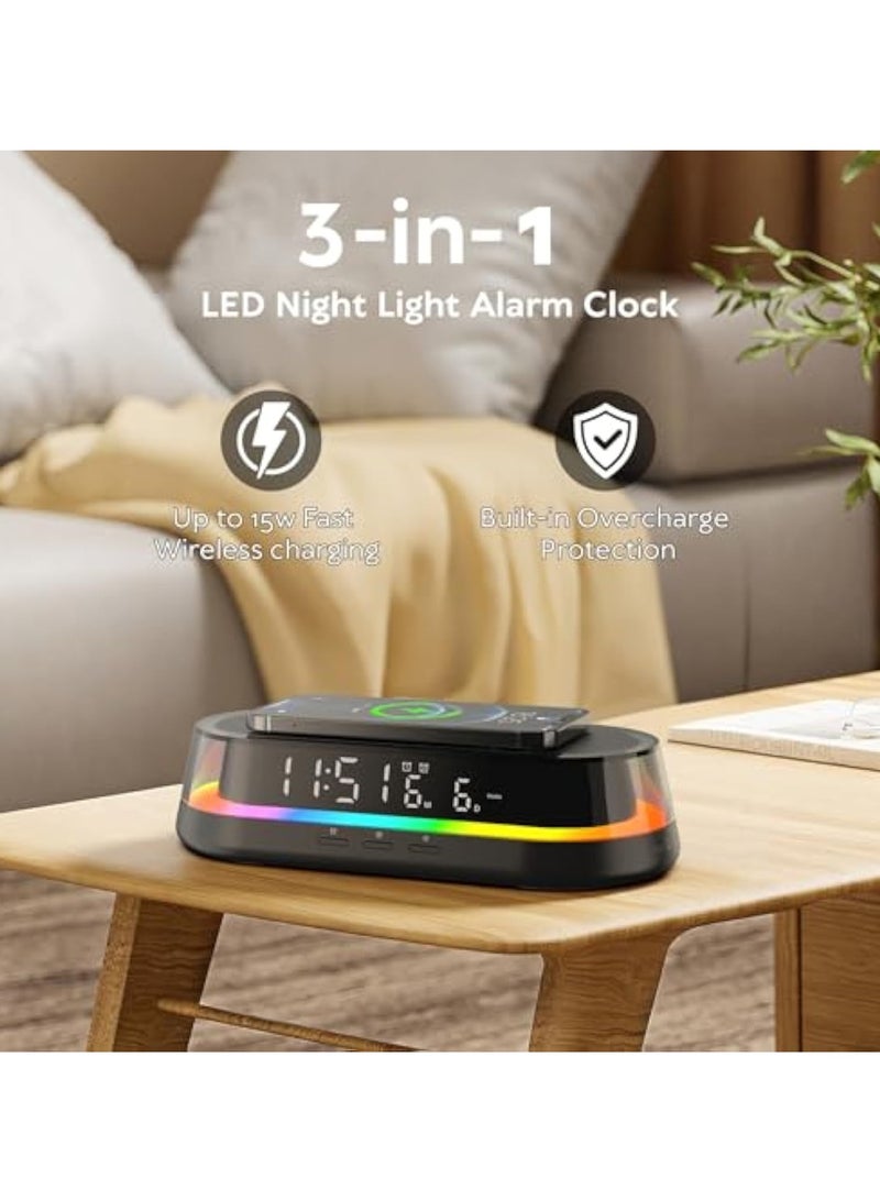 Digital Alarm Clock for Bedrooms, 15W with USB wireless Charging Port Nightlight, Silent Alarm Clocks, LED Display, Colorful Atmosphere Lights,Touch Bedside Alarm Clock with Adjustable Brightness