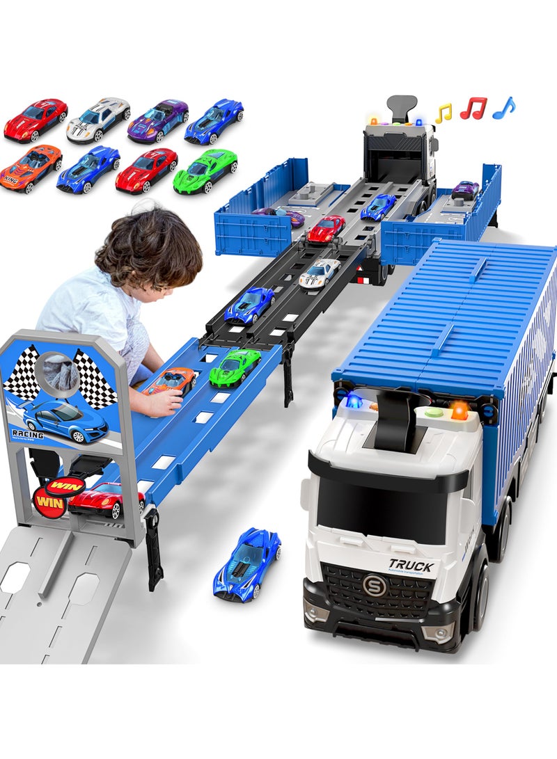 Car Race Track Toy Playset,Foldable 3 Layer Truck Transport Car Carrier with 8 Race Cars, Gifts for Years Boys Girls,Blue