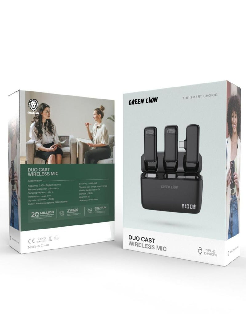 Duo Cast Wireless Mic Type C (Long Distance Transmission, Automatic Pairing, 7 Hours Working,Plug & Play) _Black