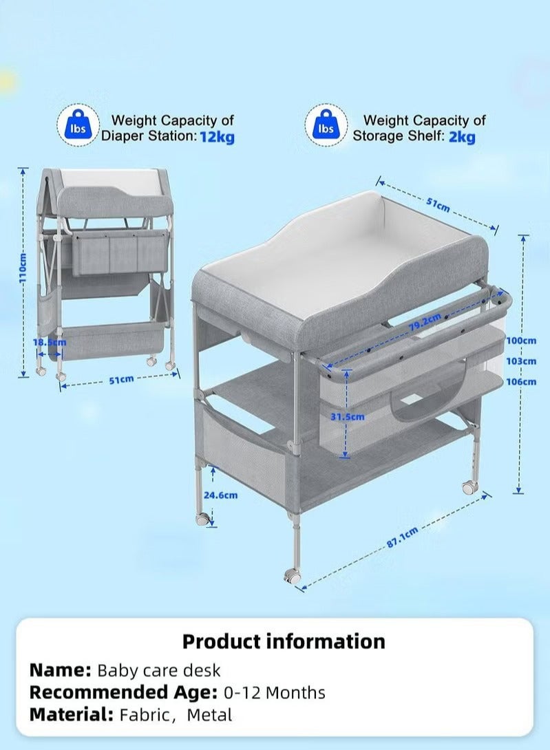 Baby Diaper Changing Table, Foldable Infant Diaper Station with Wheels, Nursery Organizer for Newborns, Babies Dresser Changing Table with Storage Rack, Strengthen Structure and 3 Adjustable Height