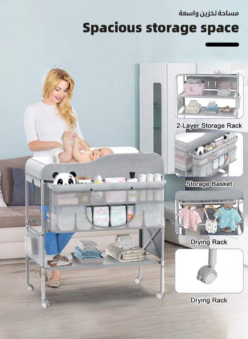 Baby Diaper Changing Table, Foldable Infant Diaper Station with Wheels, Nursery Organizer for Newborns, Babies Dresser Changing Table with Storage Rack, Strengthen Structure and 3 Adjustable Height